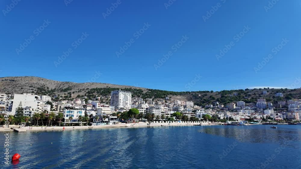 Albania Sarandë Saranda city leaving port on ferry Ionian Sea Albanian Riviera Albania Sarandë Saranda city leaving port on ferry Ionian Sea Albanian Riviera