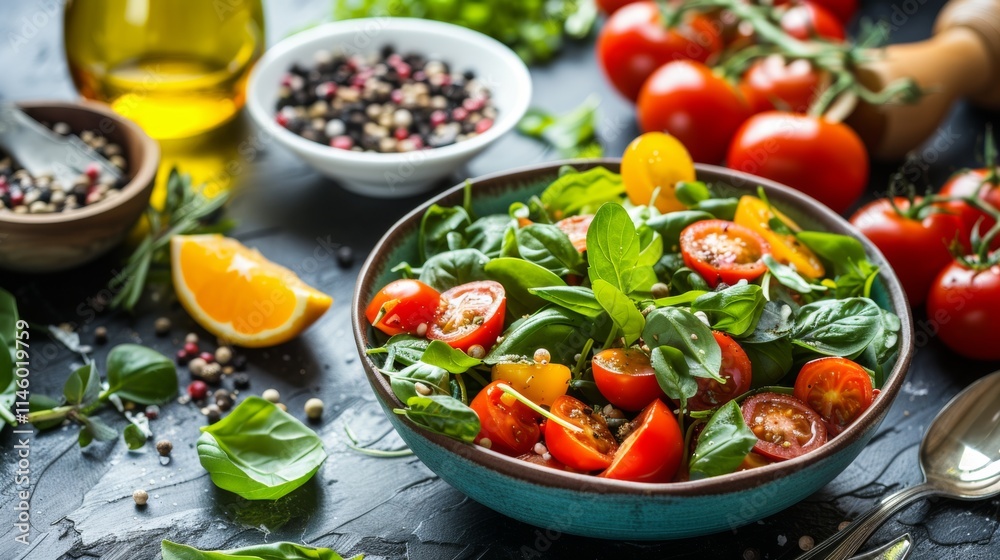 Healthy salad with tomatoes, greens, and olive oil