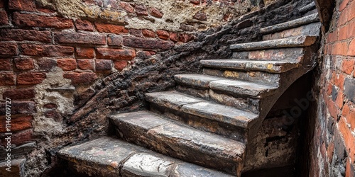 Ancient stone stairwell featuring a rustic red brick wall, showcasing the charm of a historic architectural design that captivates the viewer with its timeless beauty and sturdy structure.