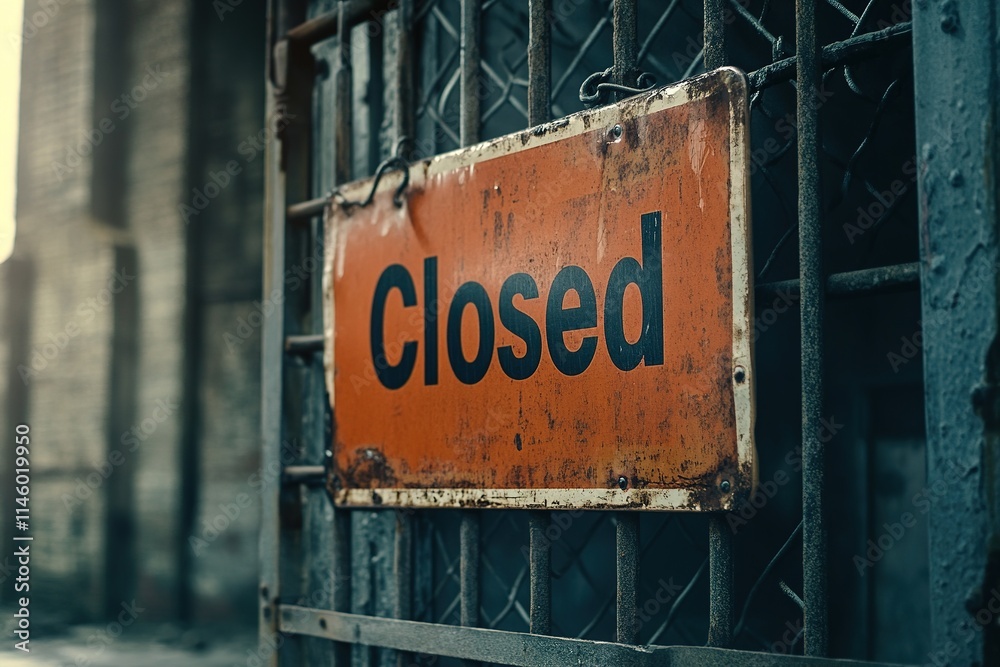Weathered 'Closed' sign on a metal gate, dark moody atmosphere Weathered 'Closed' sign on a metal gate, dark moody atmosphere