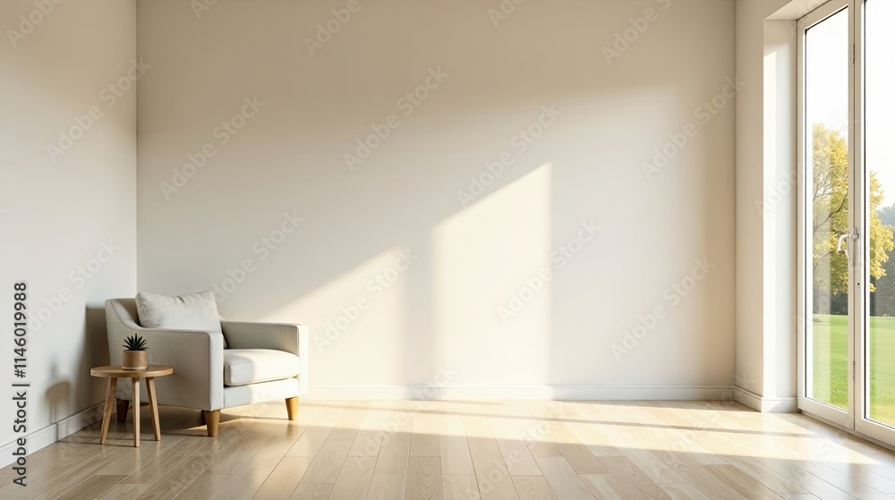 Fototapeta premium Serene Minimalist Room Interior Design with Sunlight Streaming Through a Large Window, Featuring a Comfortable Armchair and Small Side Table