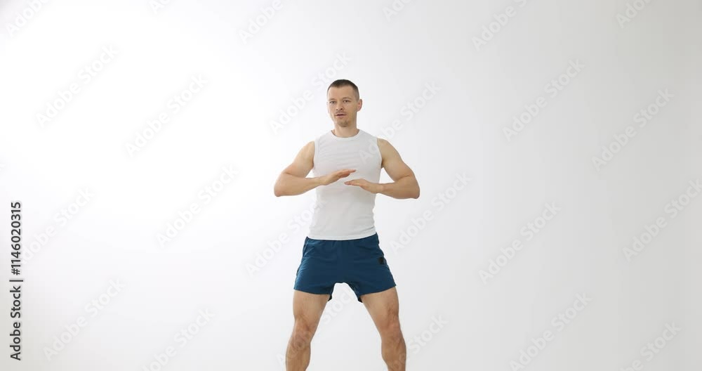 Dance lesson for smiling happy man showing dance moves in white studio Dance lesson for smiling happy man showing dance moves in white studio