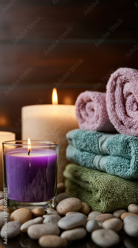 Relaxation self-care wellness. Relaxing spa setting with candles, towels, and pebbles. Relaxation self-care wellness. Relaxing spa setting with candles, towels, and pebbles.