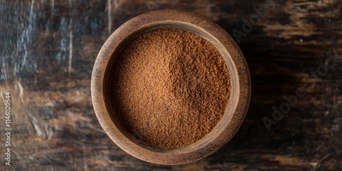 Fototapeta Naklejka Na Ścianę i Meble -  Ground nutmeg powder seasoning displayed in a wooden bowl, captured from above. This spice adds flavor and aroma to dishes, showcasing the versatility of ground nutmeg powder seasoning.
