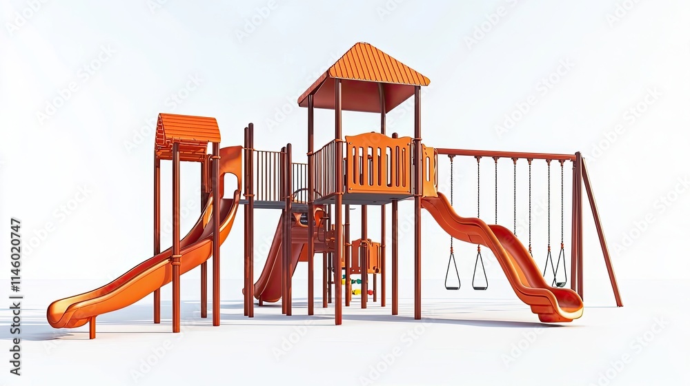 A colorful playground structure featuring slides and swings for children's recreation. A colorful playground structure featuring slides and swings for children's recreation.