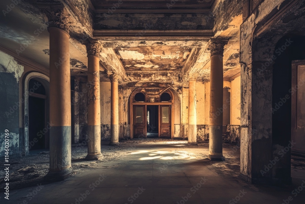 Fototapeta premium A neglected building with crumbling columns and a doorway, perfect for use in scenes about abandonment or decay