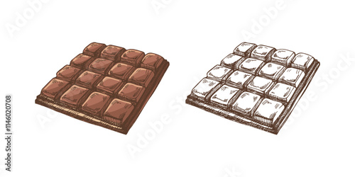 Hand-drawn colored and monochrome chocolate bar sketch in vintage style illustration