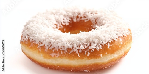 Delicious donut topped with coconut shavings, showcasing the amazing texture and flavor of this tasty donut against a clean white background, making the tasty donut truly stand out. photo