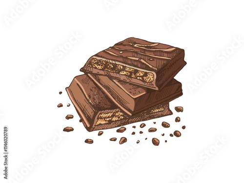 Stack of chocolate bars with crumbs in colored sketch style