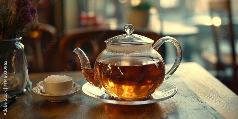 Cozy cafe setting featuring a teapot of black tea, a glass cup, and sugar, perfect for enjoying hot tea on a cold day in a warm atmosphere. Experience the comfort of black tea. Cozy cafe setting featuring a teapot of black tea, a glass cup, and sugar, perfect for enjoying hot tea on a cold day in a warm atmosphere. Experience the comfort of black tea.