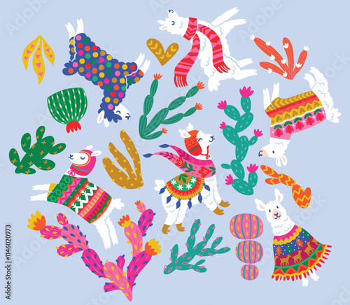 Set of cactuses and white llamas, alpacas in winter sweaters, scarf, hats isolated on light blue background. Vector illustration