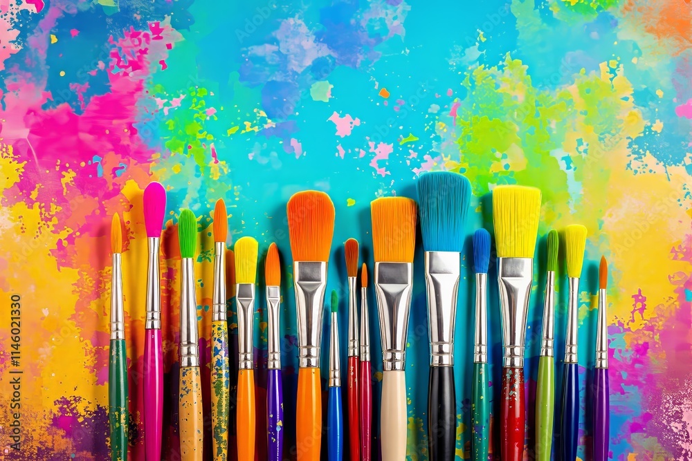 Fototapeta premium Colorful paintbrushes on vibrant splatter background.