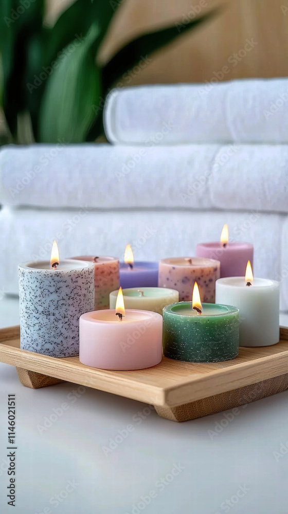 Relaxation self-care wellness. Colorful candles on a wooden tray with towels in a spa-like setting. Relaxation self-care wellness. Colorful candles on a wooden tray with towels in a spa-like setting.