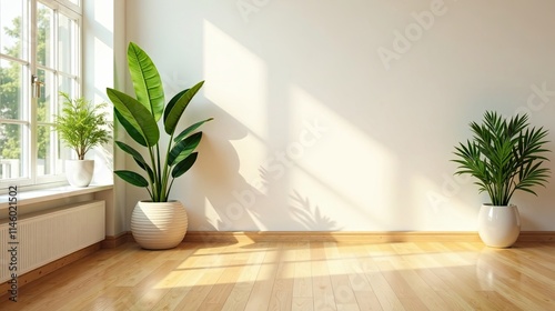 Bright Sunlight Illuminates a Minimalist Room with Indoor Plants and Hardwood Floors