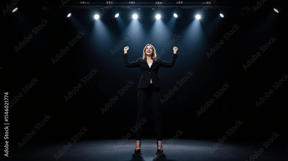 custom made wallpaper toronto digitalConfident woman in a suit standing under bright stage lights on a dark background.