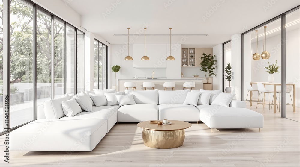 Modern open-concept living area with white sofa, gold accents, and kitchen in the background. Modern open-concept living area with white sofa, gold accents, and kitchen in the background.