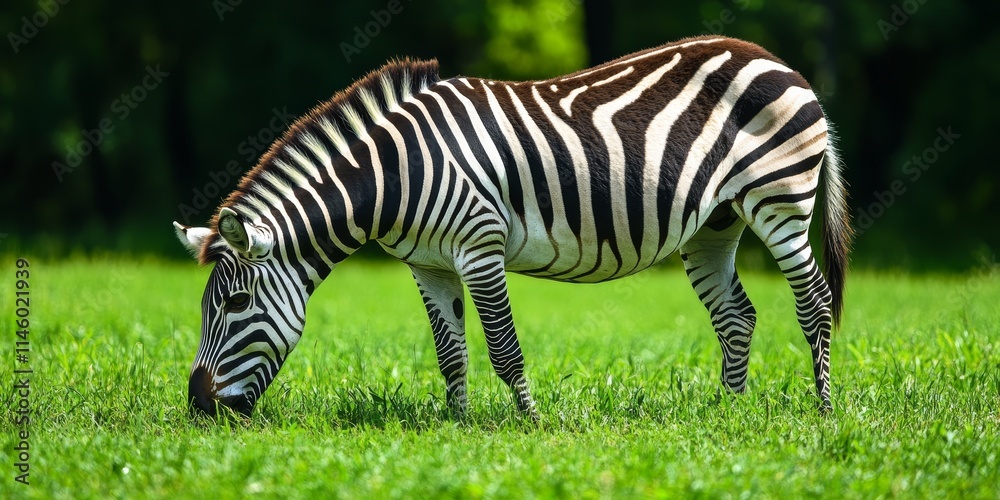 Plains zebra Equus quagga grazing in vibrant green grassland, showcasing the beauty and grace of the plains zebra in its natural habitat, surrounded by lush greenery and open space. Plains zebra Equus quagga grazing in vibrant green grassland, showcasing the beauty and grace of the plains zebra in its natural habitat, surrounded by lush greenery and open space.