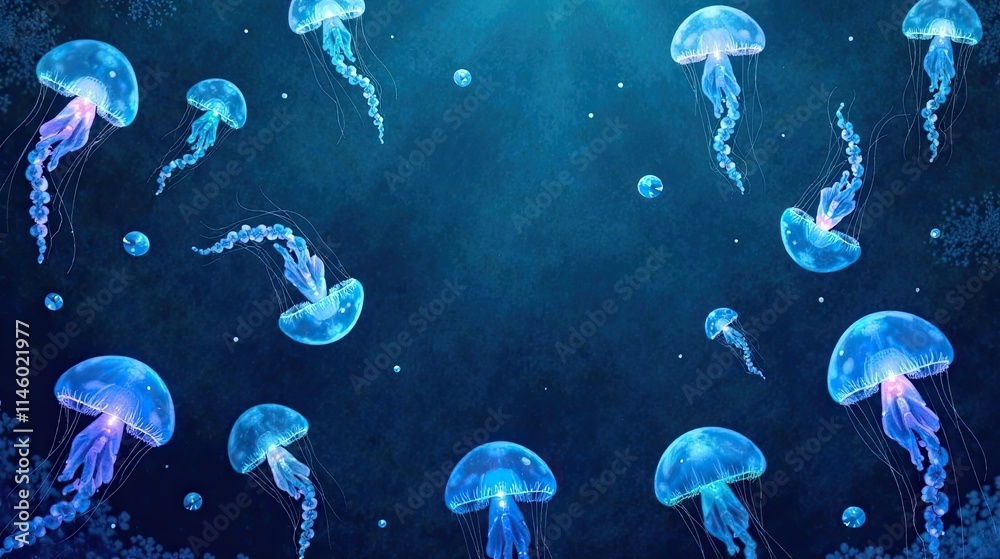 Naklejka premium Mesmerizing Underwater Scene Featuring a School of Luminescent Jellyfish Gracefully Drifting in a Deep Ocean Current