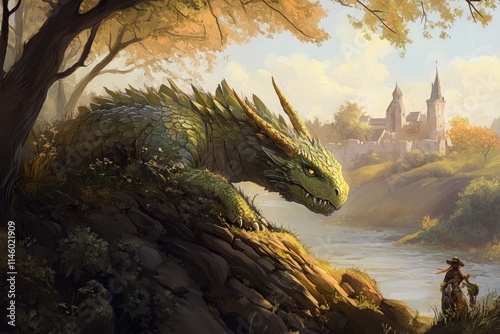 A person stands beside a dragon in a mystical forest setting, perfect for use in fantasy stories, games or movies