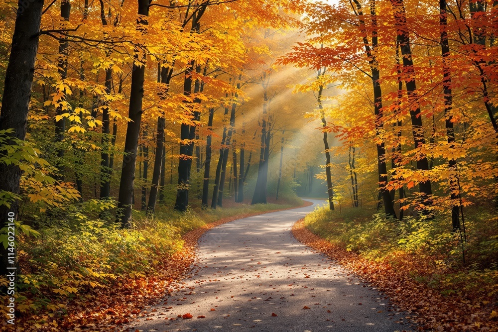 Fototapeta premium Serene autumn pathway through vibrant forest foliage illuminated by sunlight.