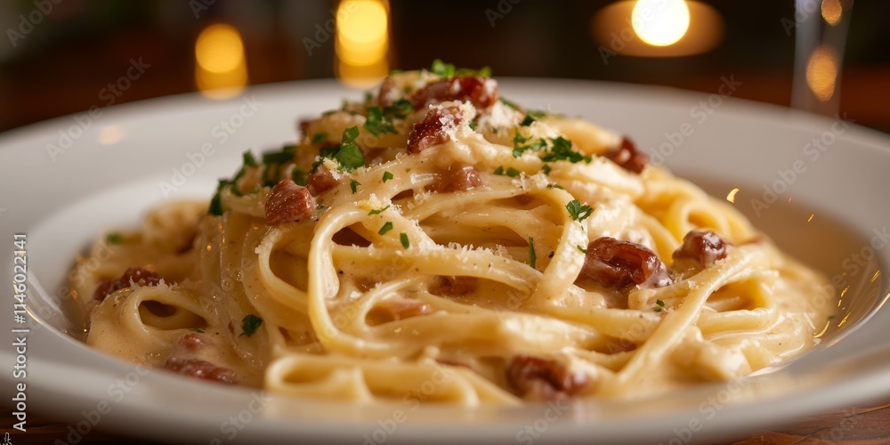 Pasta adorned with a rich carbonara sauce served in a deep plate, showcasing the delightful combination of flavors that make pasta and carbonara sauce a classic culinary favorite.
