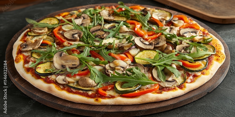 Vegetarian pizza featuring mushrooms, sweet pepper, zucchini, eggplant, and fresh arugula, beautifully displayed on a dark stone background, highlights the vibrant ingredients in vegetarian pizza. Vegetarian pizza featuring mushrooms, sweet pepper, zucchini, eggplant, and fresh arugula, beautifully displayed on a dark stone background, highlights the vibrant ingredients in vegetarian pizza.