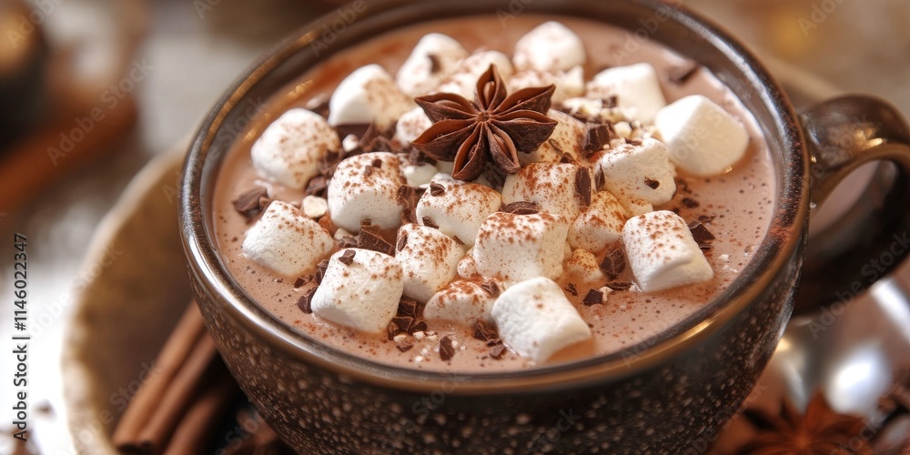A delightful pot of cocoa topped with marshmallows, cinnamon, star anise, and shaved chocolate creates a cozy atmosphere, perfect for enjoying rich cocoa flavors in any setting. A delightful pot of cocoa topped with marshmallows, cinnamon, star anise, and shaved chocolate creates a cozy atmosphere, perfect for enjoying rich cocoa flavors in any setting.
