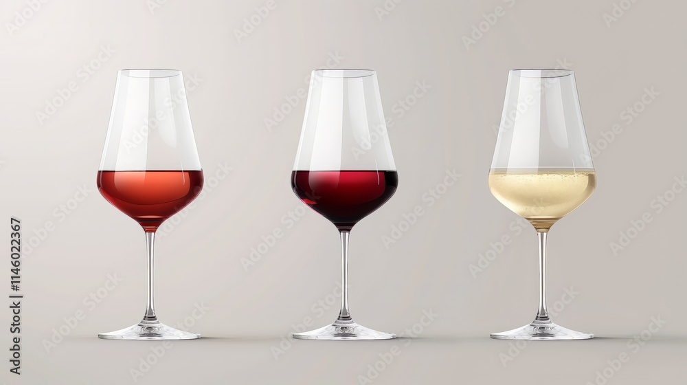 Wine. Three elegant glasses filled with red, white, and rose wine arranged neatly on a clean surface, illuminated by soft natural light against a neutral background