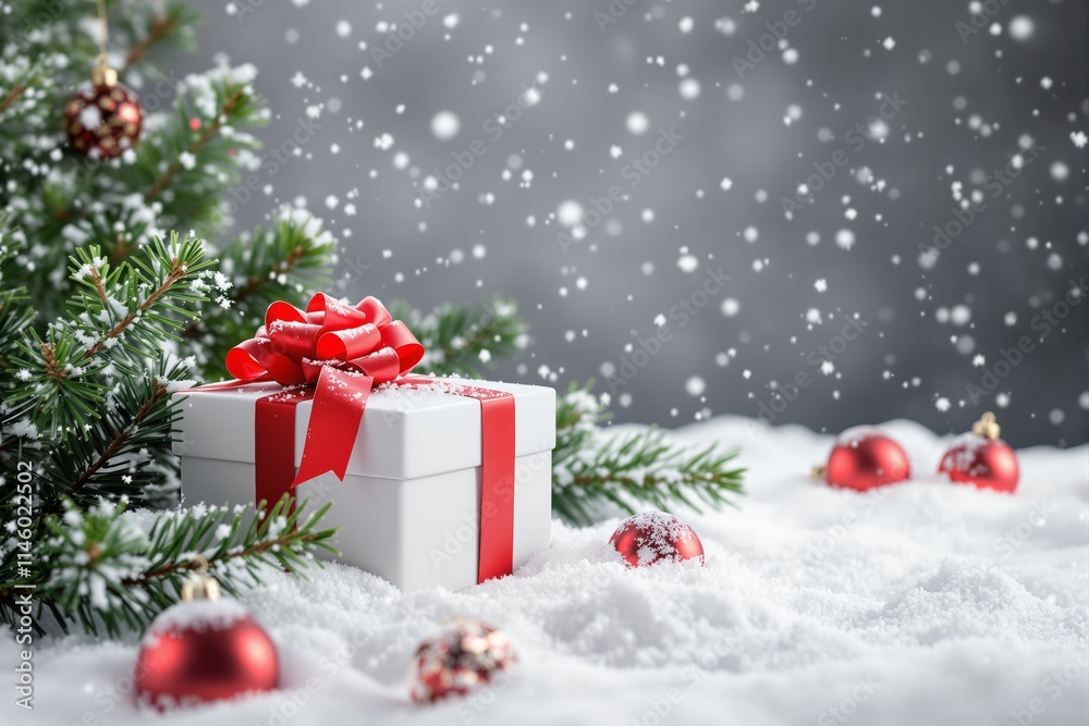 Holiday gift box with red ribbon in snowy setting. Holiday gift box with red ribbon in snowy setting.