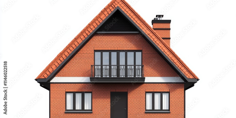 Front view of a triangular house roof exterior featuring a frame list, rooftile, and red bricks, isolated against a white background. This image highlights the architecture and design of a triangle Front view of a triangular house roof exterior featuring a frame list, rooftile, and red bricks, isolated against a white background. This image highlights the architecture and design of a triangle
