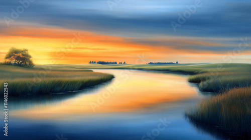 A pastel evening sky reflecting in a calm, clear lake , imagine oil painting, impressionist style, landscape, golden hour