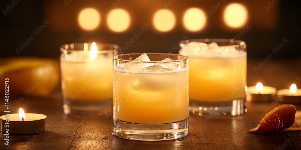 Glasses featuring a whisky sour cocktail illuminated by candlelight create a cozy ambiance. The combination of glasses and a whisky sour cocktail enhances the evening s warm atmosphere.
