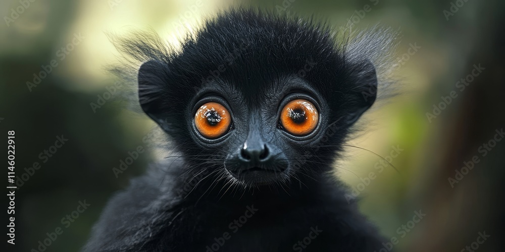 Obraz premium Adorable black lemur with stunning eyes that express genuine emotions. This super cute black lemur captivates with its charm and expressive gaze, showcasing the beauty of black lemurs.