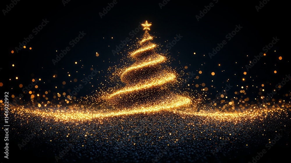 Naklejka premium symetrical christmas tree made from lines of gold glitter on simple black background