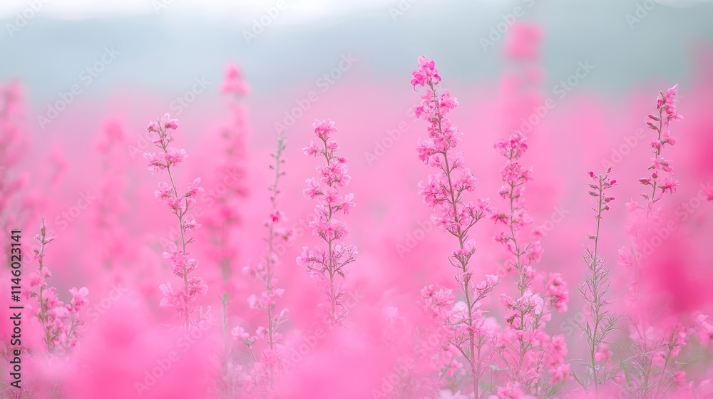 Naklejka premium Vibrant pink flower fields create a stunning summer scene, showcasing a beautiful floral blur background that highlights the essence of summer flowers in full bloom.