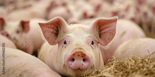Fattening pigs on a large commercial pig farm are curiously looking at the cameras. These cute pigs on the pig farm add life to the vibrant atmosphere of pig farming practices.