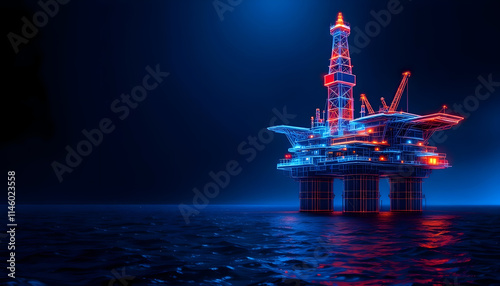 Futuristic Offshore Oil Rig Platform at Night Illuminated by Neon Lights