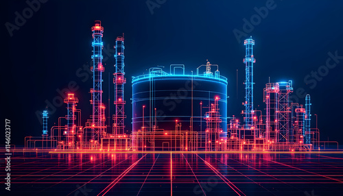 Futuristic Oil Refinery Plant Neon Grid Digital Landscape