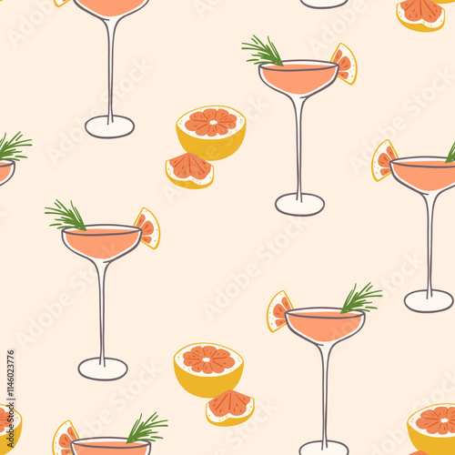 Hand drawn mimosa cocktail and grapefruit seamless pattern