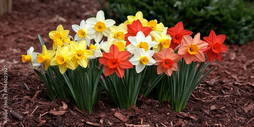 A vibrant bunch of daffodils arranged beautifully in mulch, showcasing the stunning colors and delicate petals of the daffodils against the earthy texture of the mulch. A vibrant bunch of daffodils arranged beautifully in mulch, showcasing the stunning colors and delicate petals of the daffodils against the earthy texture of the mulch.