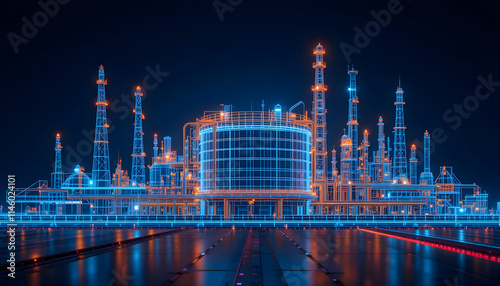 Futuristic Refinery Plant: A Neon-Lit Industrial Landscape at Night