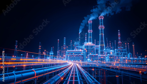 Futuristic Industrial Plant Neon Blueprint Design Night Scene with Pipes