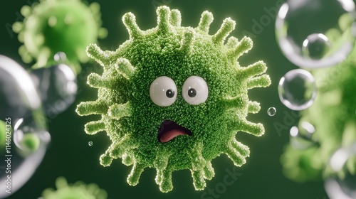 Cute Cartoon Virus Character with Surprised Expression and Bubbles