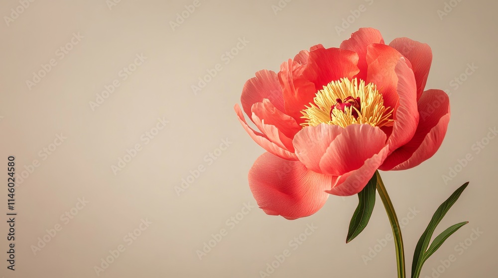Fototapeta premium A single rich coral peony against a muted taupe background, close-up shot, Minimalist style