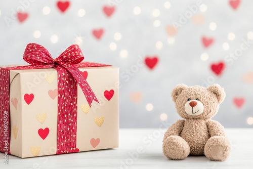 Cute Teddy Bear with Festive Gift Box Wrapped in Red Ribbon on Heart-Themed Background