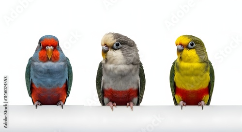 A hyper-realistic, 4K image of three colorful birds perched in a row. The birds have vibrant plumage with different colors, and the background is a solid pure white color, making the colors of the bir photo