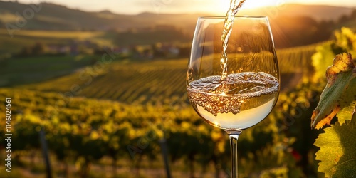 Wine glass showcasing white wine being poured against a backdrop of a sunlit vineyard landscape. This image captures the essence of winemaking, making it perfect for wine enthusiasts.