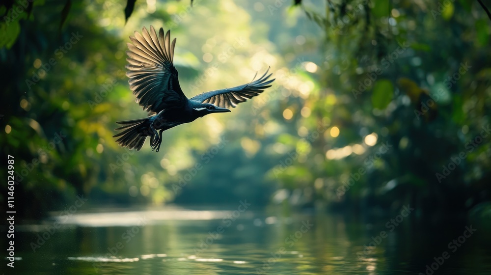 Obraz premium A Rare Bird Mid-Dive Over a Jungle River, Captured in Motion With Its Wings Outstretched