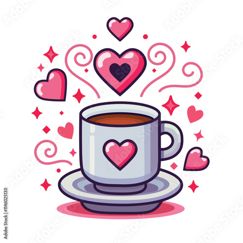 A coffee cup of love for Valentine with adorable hearts and lovely stream. Vector illustration.