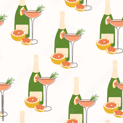 Hand drawn mimosa cocktail and ingredients seamless pattern